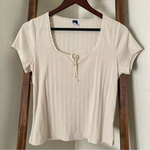 Old Navy Cream Pointelle Fabric Lace Trim Tee